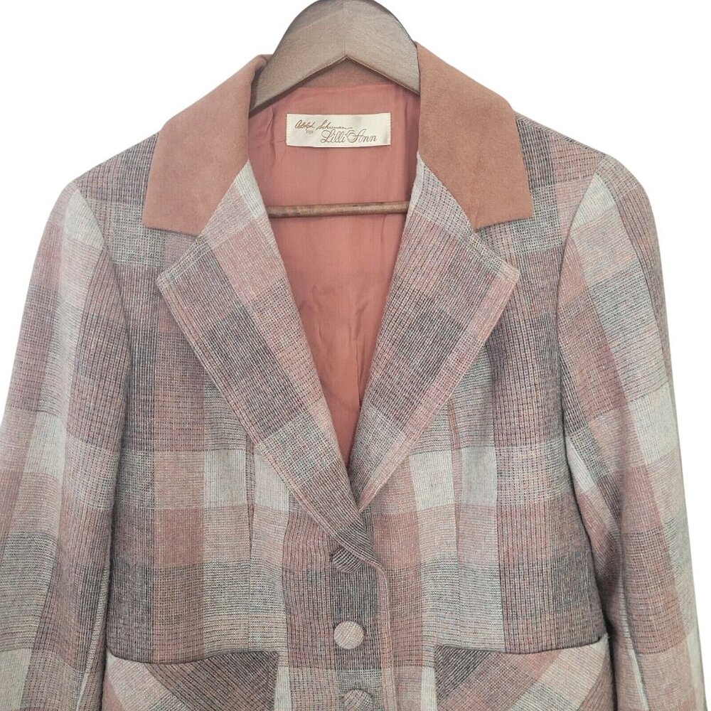 Vintage Adolph Schuman for Lilli Ann Plaid Blazer Womens Size S Suede Collar - Picture 5 of 13